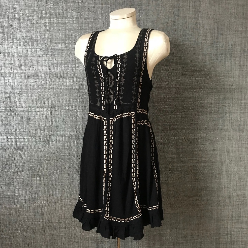 Free People Black Embroidered Lace-Up Midi Dress